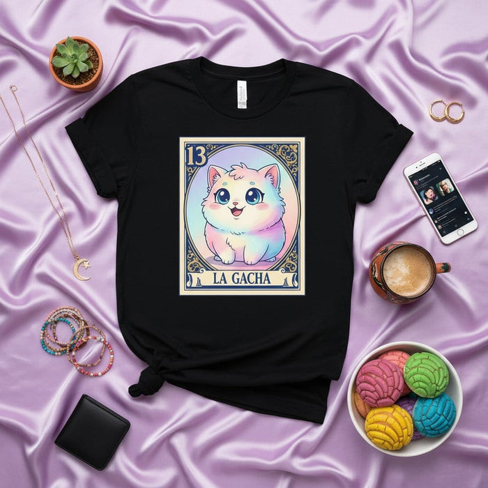 LA GACHA Cute Pastel Rainbow Cat Kitten La Loteria Card 13 Unisex T-Shirt Funny Gacha Game Kawaii Anime Style Tee Gift for Cat Lovers Mexicada