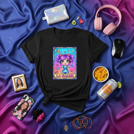 LA GAMER Cute Chibi Girl Loteria Card T-Shirt Unisex Mexican Bingo Gaming Tee Shirt Video Game Lover Gift Mexicada
