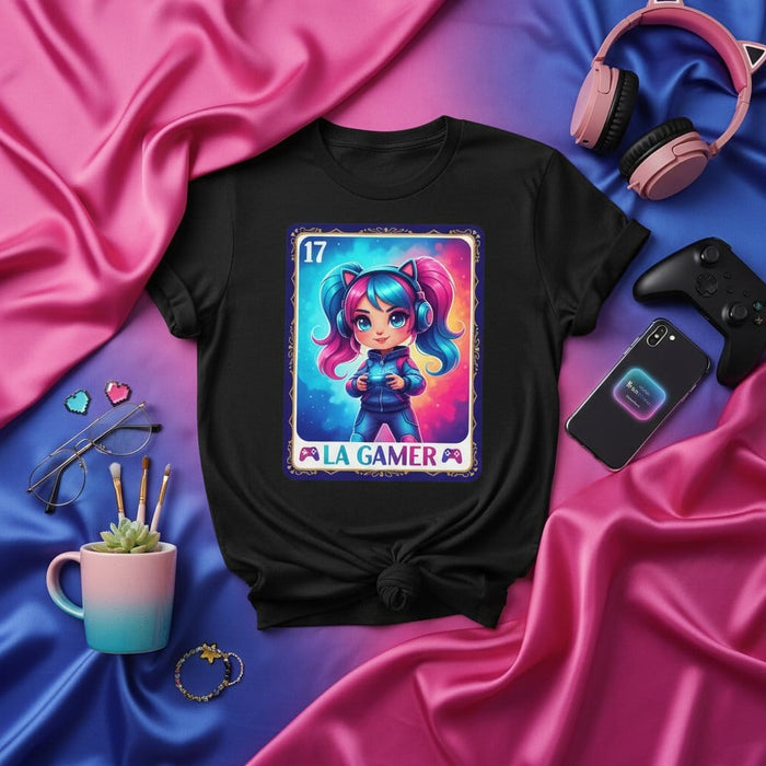LA GAMER Cute Kawaii Anime Girl Loteria Card Unisex T-Shirt - Gaming Gift, Bi Pride Colors, Cartoon Gamer Graphic Tee for Women & Men Mexicada