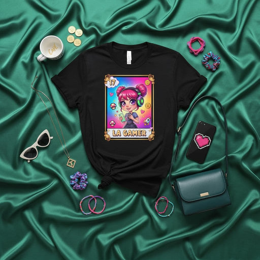 LA GAMER La Lotería Card T-Shirt: Cute Pink Haired Girl with Headset, Gaming Mexican Bingo Style Graphic Tee, Unisex Black Shirt, Gift for Female Video Game Player Mexicada