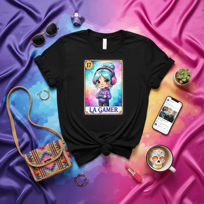 LA GAMER Lotería Card T-Shirt Cute Anime Girl Gamer Tee Gaming Merch Gift for Video Game Lovers and Streamers Unisex Graphic Shirt Number 17 Mexicada