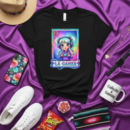 LA GAMER Loteria Card T-Shirt, Cute Anime Girl Gaming Tee, Mexican Bingo Inspired Video Game Shirt, Unisex Gift for Streamers and E-girls, Number 17 Design Mexicada