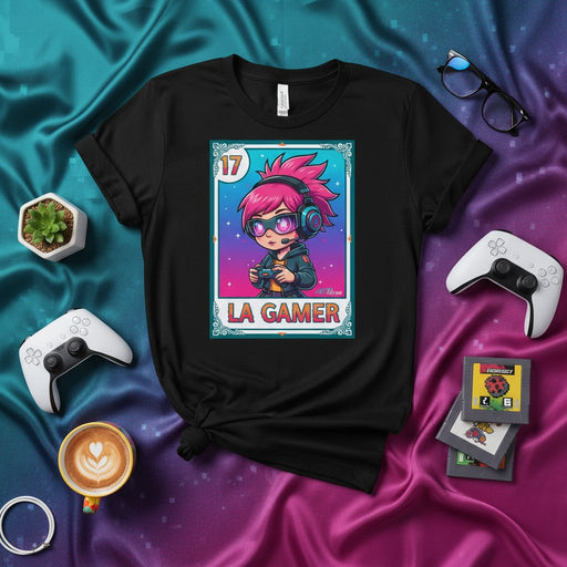 LA GAMER Loteria Card T-Shirt, Cute Cartoon Pink Hair Girl Gaming Graphic Tee, Unisex Video Game Player Apparel Gift, Number 17 Lotería Style Shirt Mexicada