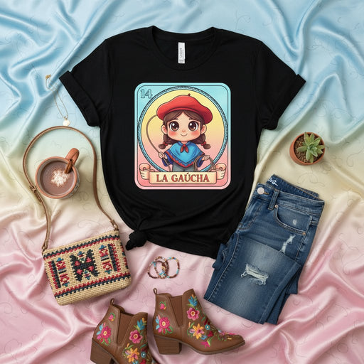 La Gaucha Cute Cartoon Loteria Card T-Shirt: Argentine Cowgirl Design, Unisex Graphic Tee, Number 14 La Lotería Shirt Gift for Her Mexicada