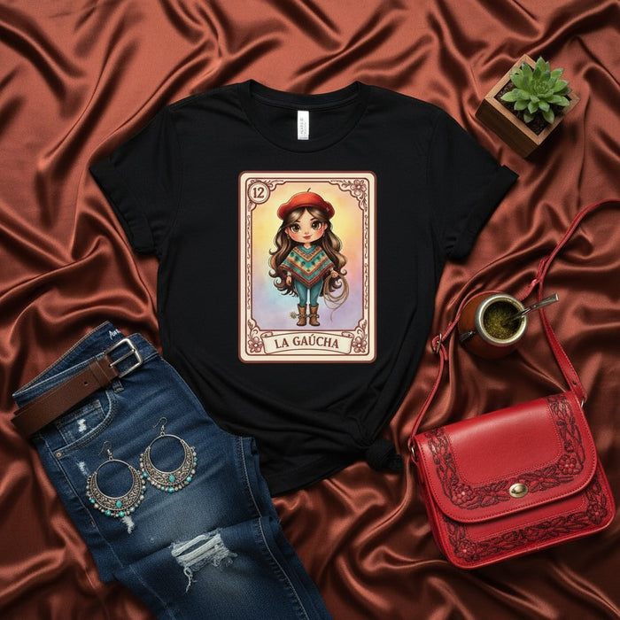 LA GAUCHA Cute La Loteria Card Graphic Tee - Women's Argentina Gaucho Beret Poncho Yerba Mate Folklore Inspired Unisex T-Shirt Gift for Hispanic Culture Lovers Mexicada