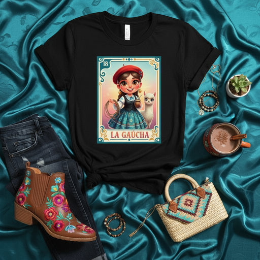 LA GAUCHA Lotería Card T-Shirt: Argentine Cowgirl, Lasso, Llama, Number 18, Cute Art, Unisex Tee, Mexican Bingo Game Inspired Apparel, Gift for Her Mexicada