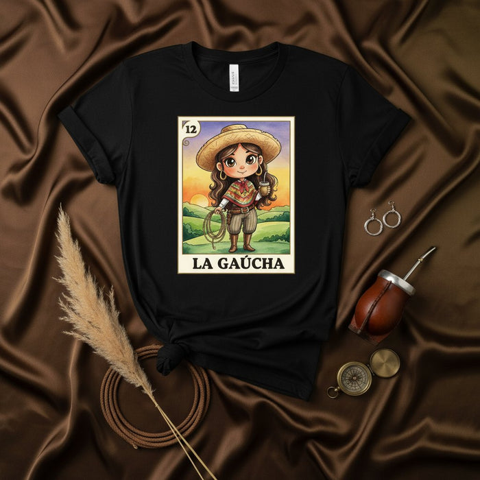 LA GAUCHA Loteria Card T-Shirt, Chibi Gaucho Cowgirl Maté Drinker Design, Unisex Argentine Folklore Shirt, Traditional South American Culture Gift Tee Mexicada