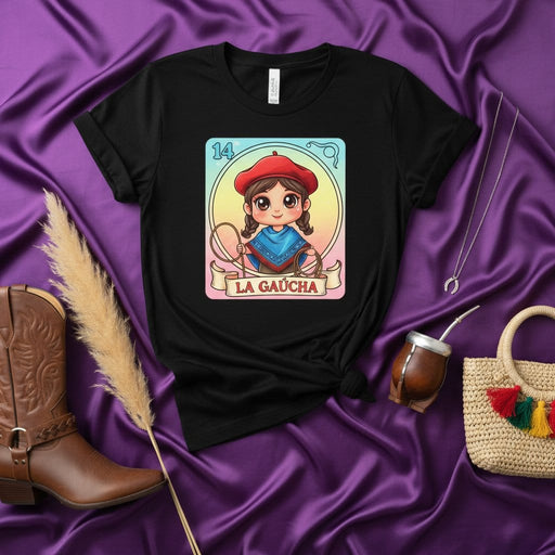 LA GAUCHA Lotería Card T-Shirt: Cute Cartoon Cowgirl Graphic Tee, Argentine South American Gaucho Culture Shirt, Traditional Beret and Lasso Design, Unisex Black Shirt with Colorful Print Mexicada