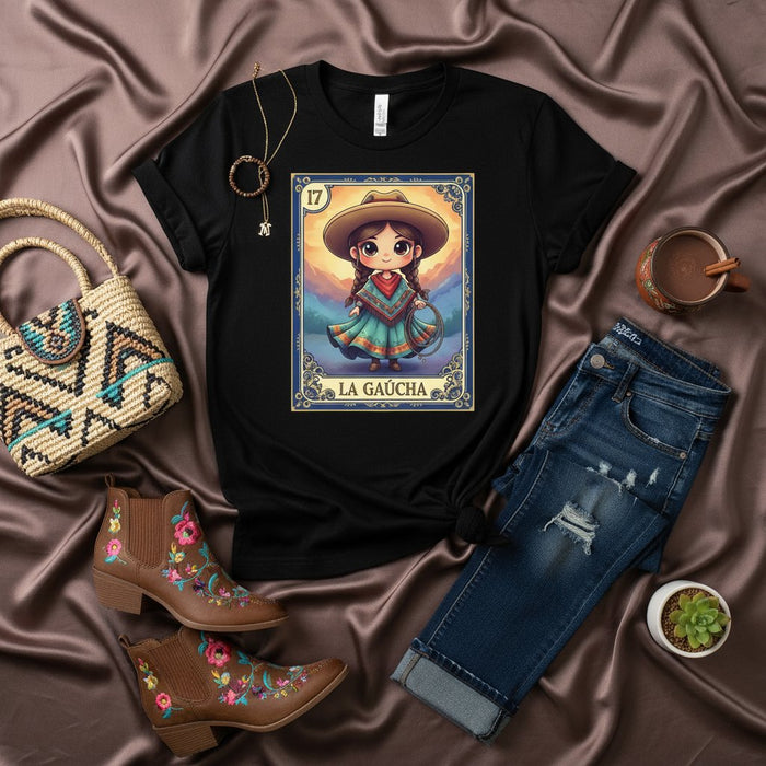 LA GAUCHA Loteria Card T-Shirt, Cute Chibi Cowgirl Style Tee, Boho Aesthetic Latina Folk Art Shirt, Mexican Bingo Game Inspired Apparel, Number 17 Illustration Top for Women & Men Mexicada