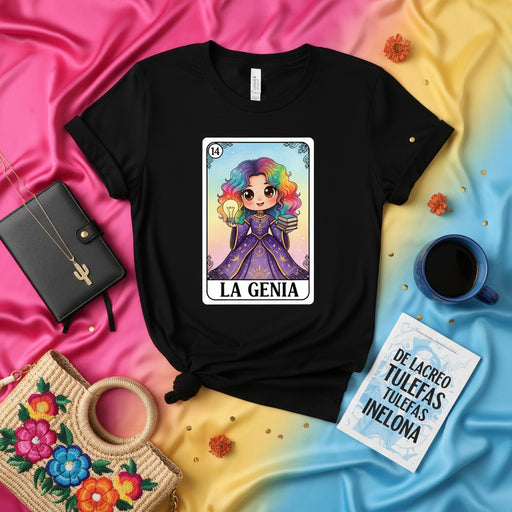 LA GENIA Cute Rainbow Hair Anime Girl Loteria Card T-Shirt, Mexican Bingo Inspired Design, The Genius Cartoon Tee, Unisex Apparel Gift Mexicada