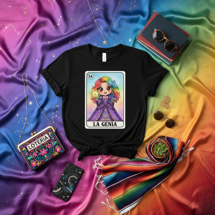 LA GENIA Loteria Card Rainbow Hair Genius Girl Graphic Tee Black Unisex T-Shirt, Mexican Bingo Game Inspired, Colorful Magical Art Print Clothing Mexicada