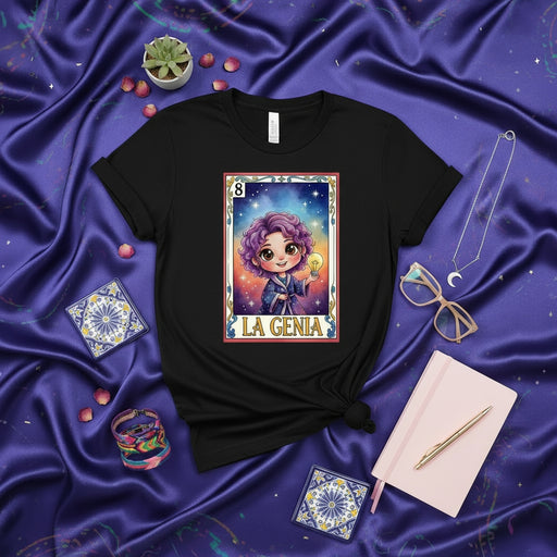 LA GENIA Lotería Card T-Shirt: Chibi Woman Holding Lightbulb Tarot Style Design, Number 8 Mexican Bingo Art Tee, Purple Hair Mystic Short Sleeve Unisex Shirt Mexicada