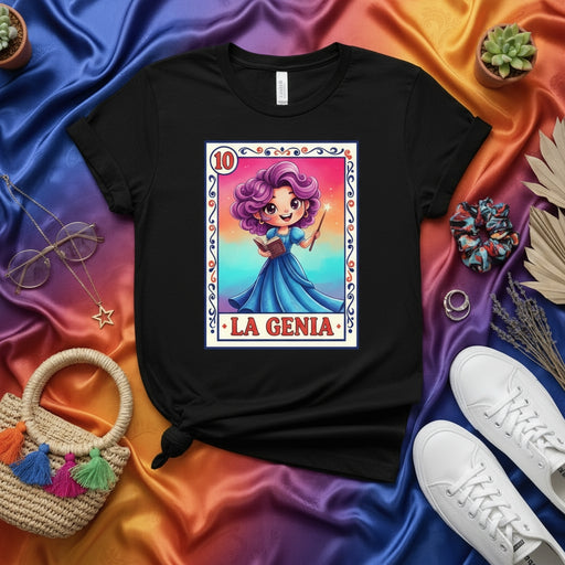 LA GENIA Lotería Card T-Shirt Cute Cartoon Genie Girl Reading Book Art Mexican Bingo Game Graphic Tee for Women Men Unisex Gift Idea Mexicada