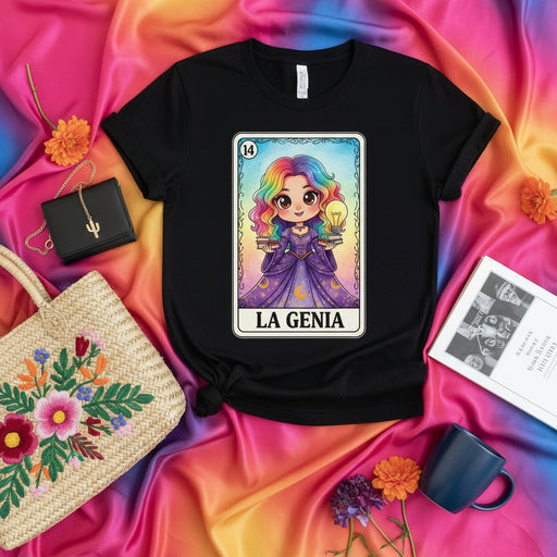 LA GENIA Loteria Card T-Shirt, Cute Rainbow Hair Genie with Lightbulb and Books Graphic Tee, Funny Mexican Bingo Game Inspired Unisex Shirt Gift Mexicada