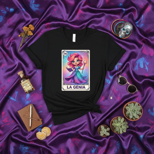 LA GENIA Lotería Card T-Shirt, Magical Genie Pink Haired Woman Design, Spanish Card Game Tee, Cute Fantasy Character Unisex Shirt Mexicada