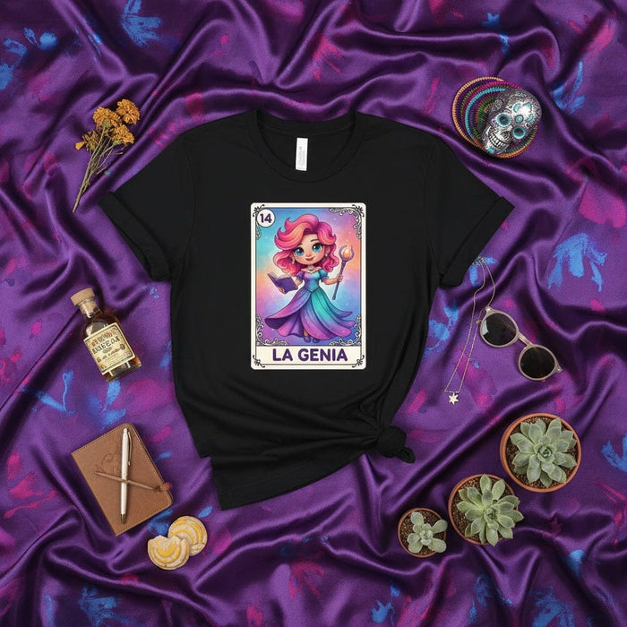 LA GENIA Lotería Card T-Shirt, Magical Genie Pink Haired Woman Design, Spanish Card Game Tee, Cute Fantasy Character Unisex Shirt Mexicada