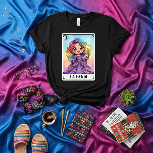 LA GENIA Loteria Card T-Shirt: Rainbow Haired Girl with Lightbulb Graphic Tee, Cute Latinx Bingo Game Art Unisex Shirt, Number 14 Mexicada