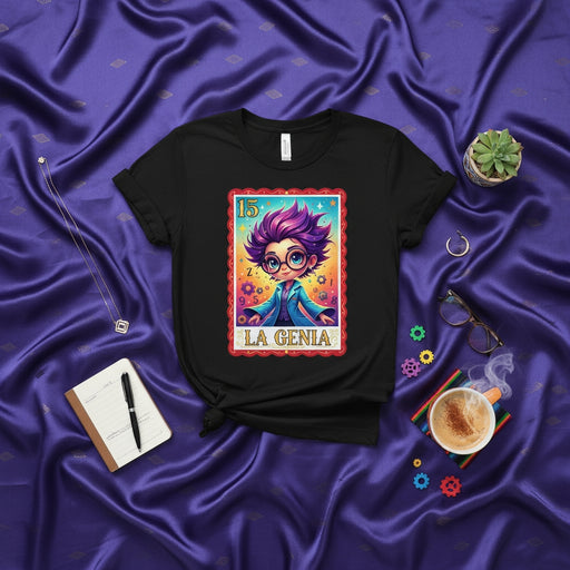 LA GENIA Loteria Card T-Shirt with Cartoon Genius Girl, Number 15 Mexican Bingo Game Art Tee, Unisex Graphic Shirt Gift for Smart Women and STEM Enthusiasts Mexicada