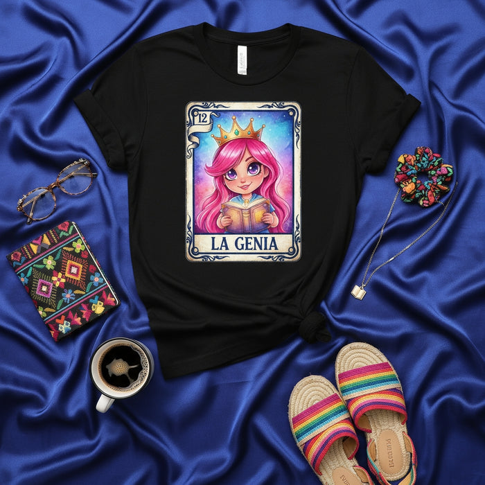 LA GENIA Pink Haired Princess Reading Book Lotería Card Tee, Number 12 Mexican Bingo T-Shirt, Cute Intellectual Queen Art Unisex Shirt, Kawaii Gift for Her Mexicada