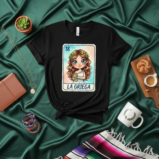 LA GRIEGA Loteria Card T-Shirt Cute Greek Woman Cartoon Art Tee Number 18 Mythology Inspired Traditional Mexican Bingo Game Design Unisex Apparel Gift Mexicada