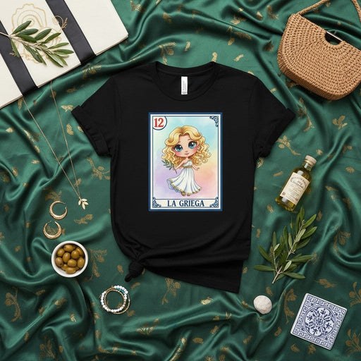 LA GRIEGA Loteria Card T-Shirt, Greek Girl Card Number 12 Tee, Cute Goddess Costume Shirt, Traditional Mexican Bingo Game Apparel, Unisex Graphic Shirt Gift Mexicada