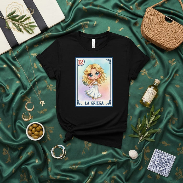 LA GRIEGA Loteria Card T-Shirt, Greek Girl Card Number 12 Tee, Cute Goddess Costume Shirt, Traditional Mexican Bingo Game Apparel, Unisex Graphic Shirt Gift Mexicada