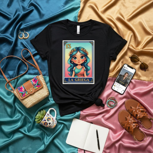 LA GRIEGA Loteria Card T-Shirt, Greek Goddess Design, Number 13, Cute Blue Hair Woman Graphic Tee, Mexican Bingo Game Inspired Unisex Shirt, Traditional Cultural Art Style Mexicada