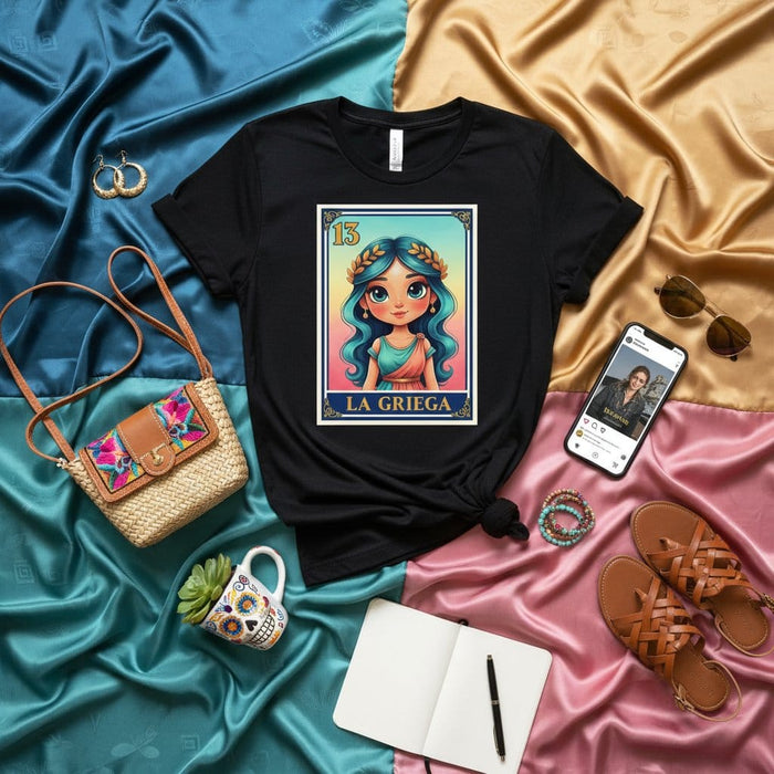 LA GRIEGA Loteria Card T-Shirt, Greek Goddess Design, Number 13, Cute Blue Hair Woman Graphic Tee, Mexican Bingo Game Inspired Unisex Shirt, Traditional Cultural Art Style Mexicada