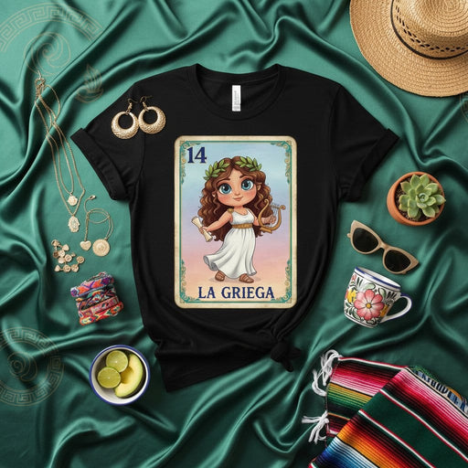 LA GRIEGA Loteria Card T-Shirt, Greek Goddess with Lyre and Laurel Wreath, Cute Mexican Bingo Game Art Tee, La Sirena Style Graphic Shirt, Number 14 Mexicada