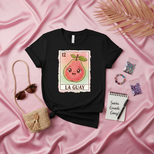 La Guay Cute Kawaii Guava Fruit Loteria Card 12 Black Unisex T-Shirt - Mexican Bingo Inspired Design, Sweet Fruit Lover Gift for Men and Women, Aesthetic Pastel Graphic Tee with Spanish Phrase Mexicada