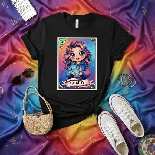 LA GUAY Cute Pastel Anime Girl Lotería Card T-Shirt, Unisex Black Tee with Number 12 Design, Vibrant Rainbow Hair Graphic Top, Mexican Bingo Style Gift Apparel Mexicada