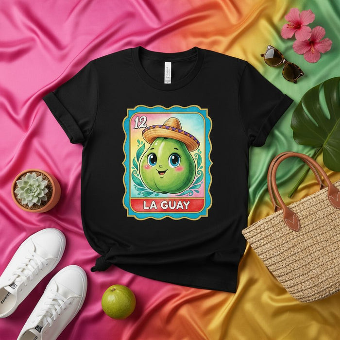 LA GUAY Loteria Card Guava T-Shirt, Cute Cartoon Fruit Tee, Mexican Bingo Inspired Unisex Graphic Apparel, Colorful Cinco de Mayo Gift Idea Mexicada