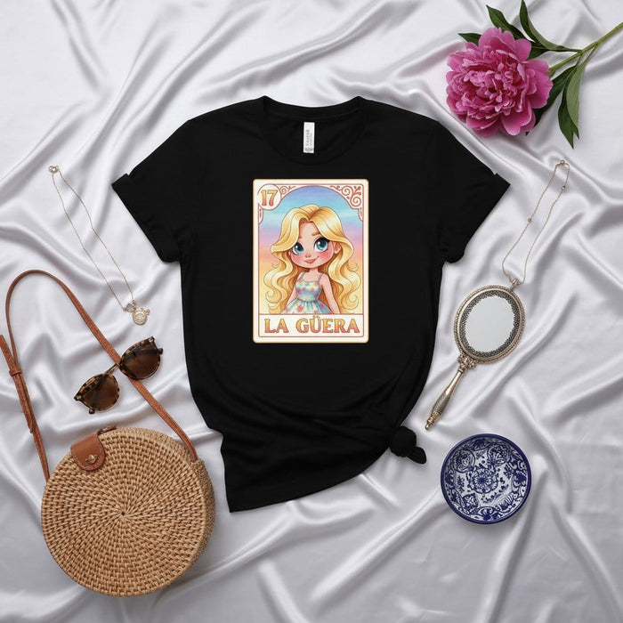 LA GÜERA Cute Chibi Blonde Girl Loteria Card Graphic Tee | Mexican Bingo Game Number 17 | Unisex Black T-Shirt Fashion Apparel Mexicada