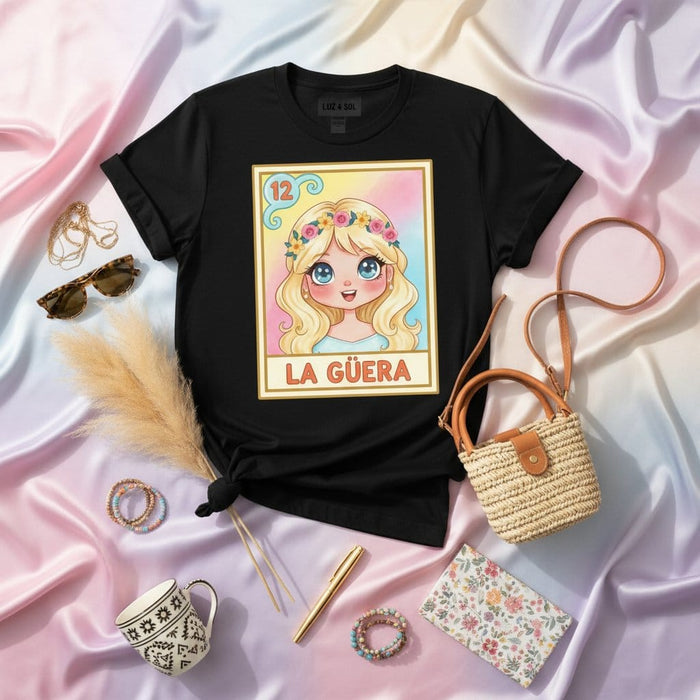 LA GÜERA La Lotería Card 12 Cute Blonde Girl Flower Crown Graphic Unisex T-Shirt - Mexican Bingo Game Art Tee for Women & Men, Pastel Colors Print Mexicada