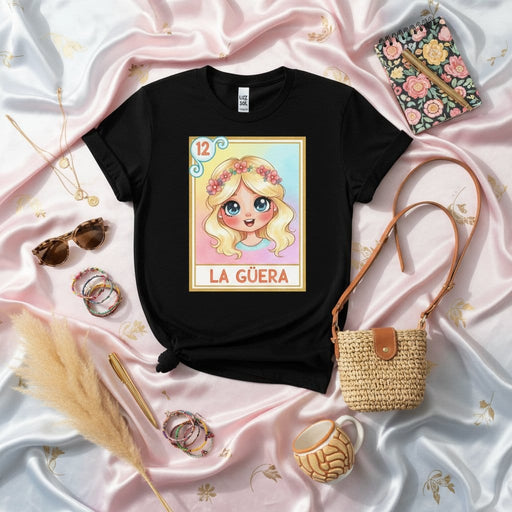 LA GÜERA La Lotería Card 12 T-Shirt Cute Blonde Girl Flower Crown Mexican Bingo Game Tee Unisex Short Sleeve Graphic Apparel Mexicada