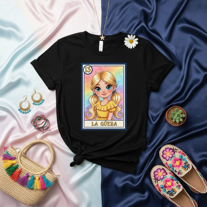 LA GÜERA Loteria Card T-Shirt, Cute Blonde Girl Mexican Bingo Game Design Tee, Rainbow Aesthetic Graphic, Hispanic Culture Gift, Unisex Black Shirt Mexicada