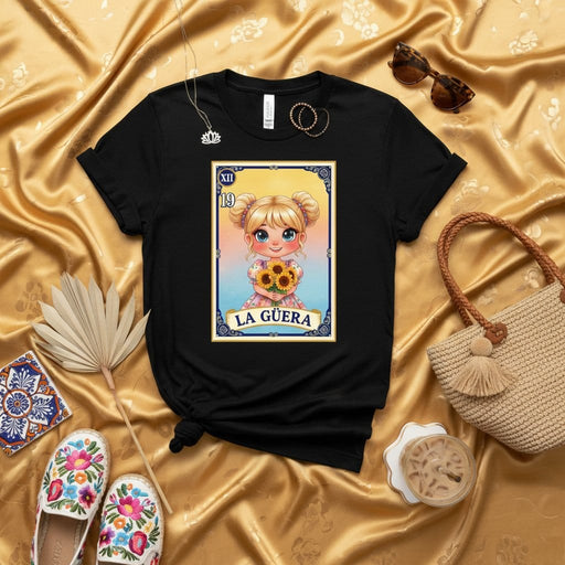 LA GÜERA Loteria Card T-Shirt, Cute Blonde Girl with Sunflowers Graphic Tee, Mexican Bingo Game Art Shirt, Traditional Culture Unisex Top, Number 19 XII Design Mexicada