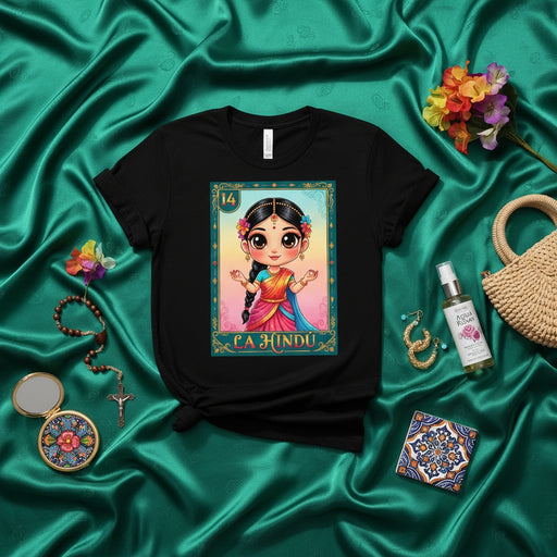 LA HINDÚ Cute Chibi Goddess Hindu Culture Mexican Loteria Card Graphic Tee Unisex Shirt, India Inspired Festival Gift Apparel, Number 14 Design Mexicada