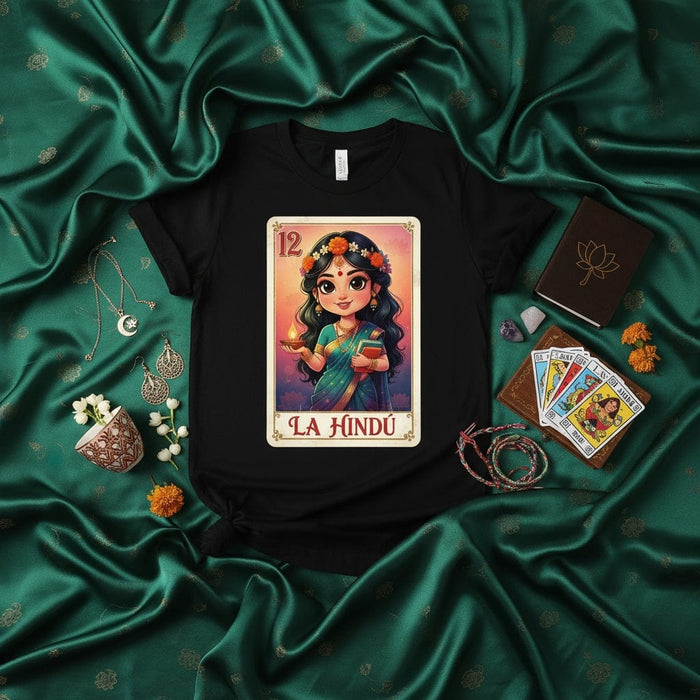 La Hindú Cute Hindu Goddess Loteria Card T-Shirt Indian Culture Spiritual Tarot Game Tee Shirt Gift for Women Ethnic Theme Graphic Top Number 12 Mexicada