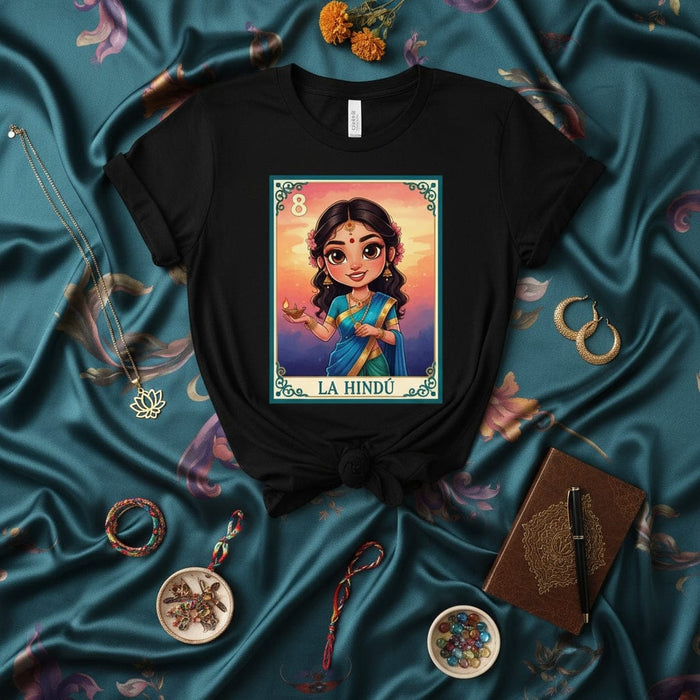 LA HINDÚ Cute Indian Girl Loteria Card T-Shirt, South Asian Culture Inspired Graphic Tee, Number 8 Goddess Style Art Shirt, Mexican Bingo Game Fashion Gift for Her Mexicada