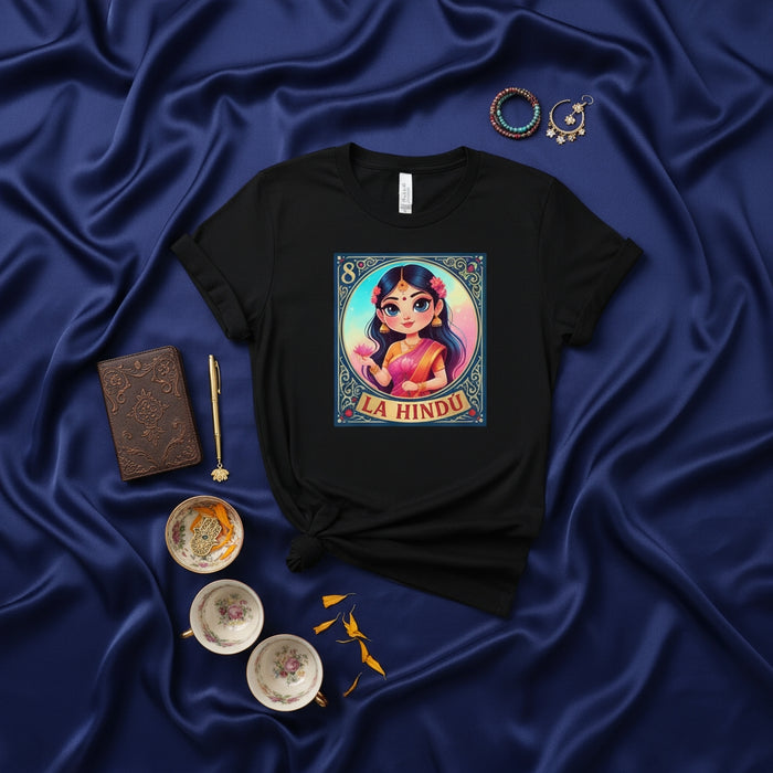 LA HINDÚ Cute Indian Girl Loteria Card T-Shirt, South Asian Culture Inspired Graphic Tee, Number 8 Traditional Mexican Bingo Game Design, Unisex Apparel Gift Mexicada
