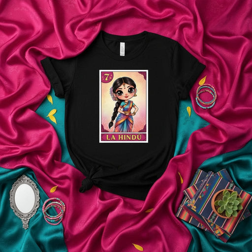 LA HINDÚ Cute Indian Girl Loteria Card T-Shirt Unisex Graphic Tee Desi South Asian Culture Game Inspired Shirt Number 7 Design Apparel Mexicada