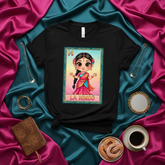 LA HINDÚ Loteria Card T-Shirt, Cute Cartoon Indian Girl Saree Design, Traditional Mexican Bingo Game Card 14 Tee, Cultural Unisex Apparel Gift Mexicada