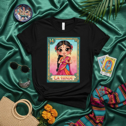 LA HINDU Loteria Card T-Shirt, Cute Cartoon Style Indian Girl Graphic Tee, Mexican Bingo Game Inspired, Boho Aesthetic Unisex Shirt Mexicada