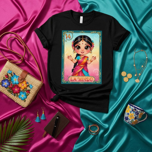 La Hindu Loteria Card T-Shirt, Cute Indian Girl Design, Unisex Graphic Tee, Number 14, Cultural Fiesta Game Wear, Colorful Art Print Top Mexicada