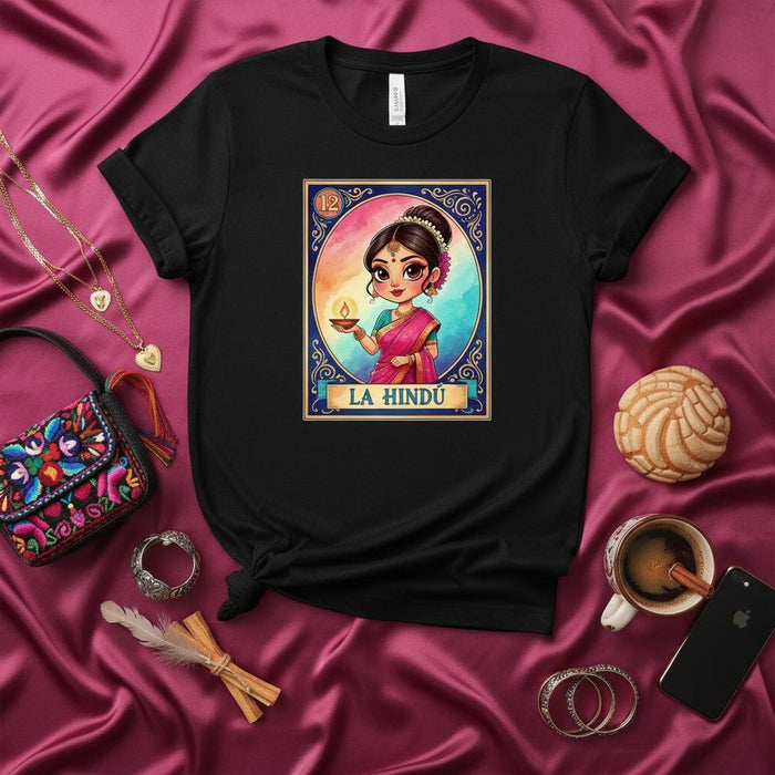 LA HINDÚ Loteria Card T-Shirt, Diwali Festival of Lights Design, Cute Indian Woman with Diya, Cultural Graphic Tee, Unisex Gift for Her or Him Mexicada