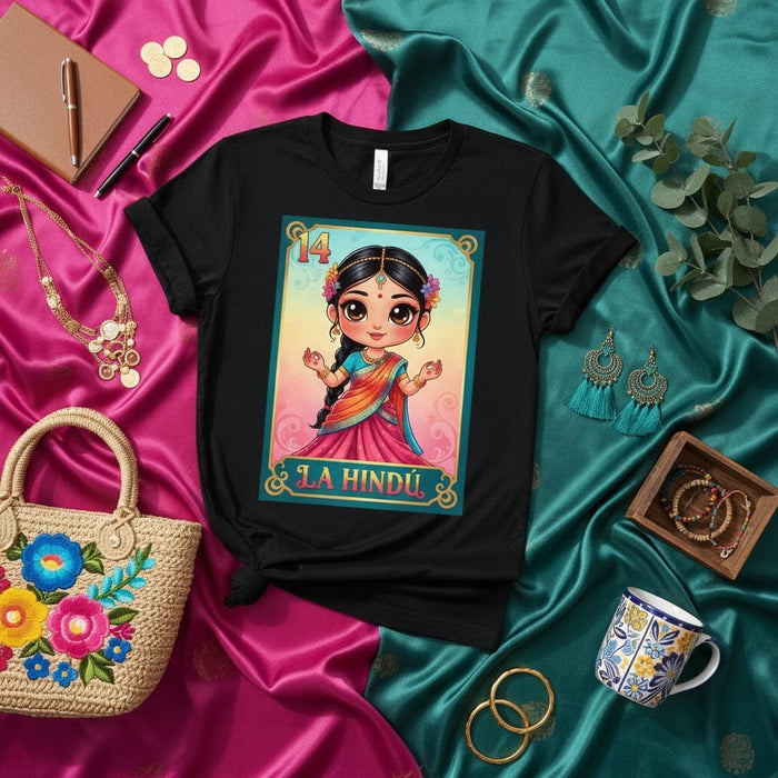 LA HINDÚ Loteria Card T-Shirt, Mexican Bingo Game La India Shirt, Cute Desi Woman Cartoon Design Tee, India Culture Inspired Funny Unisex Gift Shirt, Number 14 Mexicada