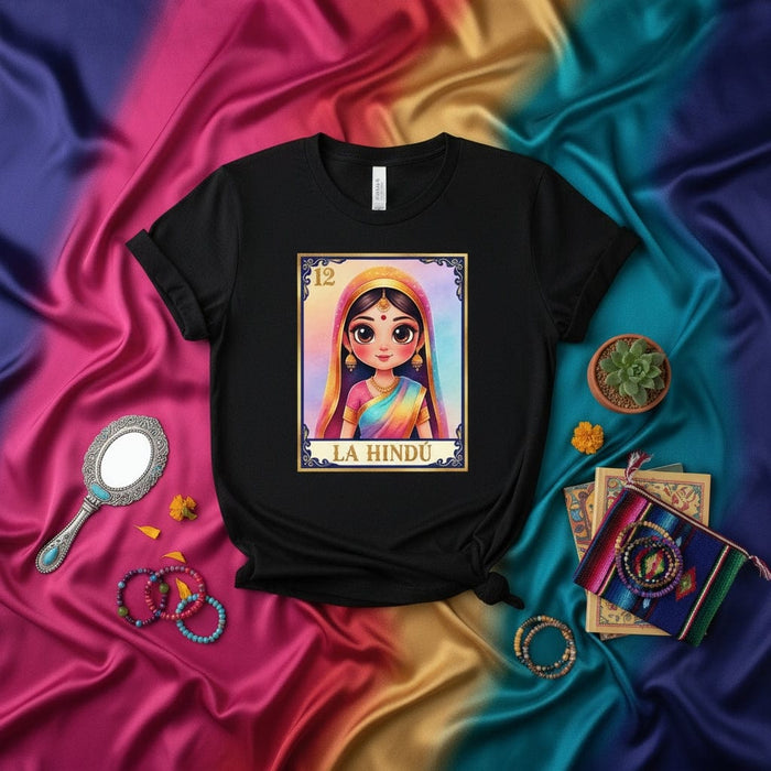 LA HINDÚ Loteria Card T-Shirt, Rainbow Sari, Indian Girl Art, Mexican Bingo Game Design, Unisex Graphic Tee, Aesthetic Multicultural Apparel, Cute South Asian Heritage Shirt, Number 12 Mexicada