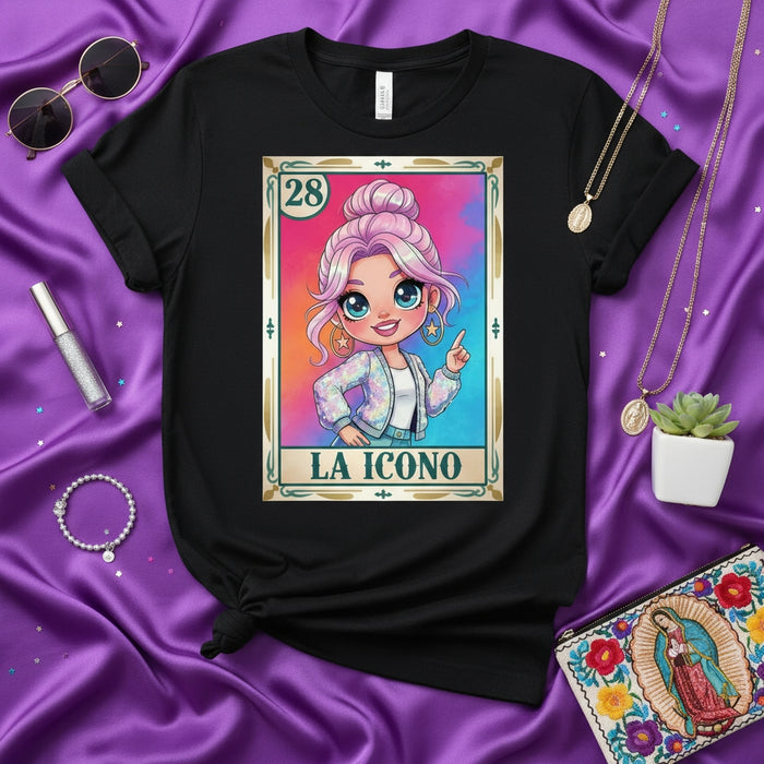 LA ICONO La Lotería Card 28 Cute Pastel Girl Glitter Jacket T-Shirt, Mexican Bingo Game Card Design Tee, Funny Graphic Top for Women, Unisex Gift for Her, Trendy Kawaii Style Apparel Mexicada