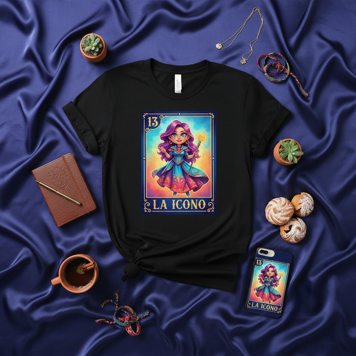 La Icono La Loteria Card T-Shirt, Cute Anime Girl Magical Icon Graphic Tee, Unisex Mexican Bingo Art Style Shirt, Vibrant Fantasy Character Blue Purple Hair Number 13 Top Mexicada